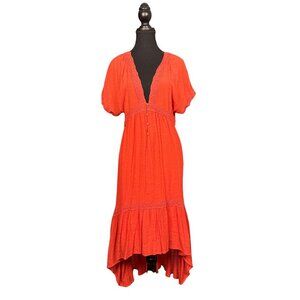 BaeVely Coral Boho Midi Dress Size M Deep V Lace Trim High Low Hem Short Sleeve
